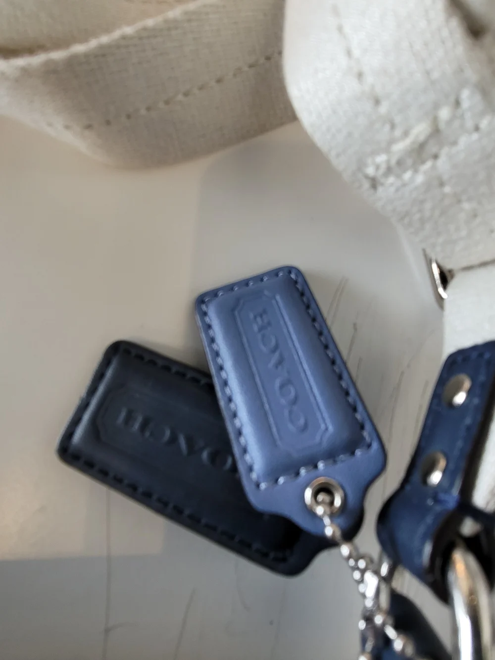 Coach Cream Leather Crossbody with Blue Trim and Black Pull